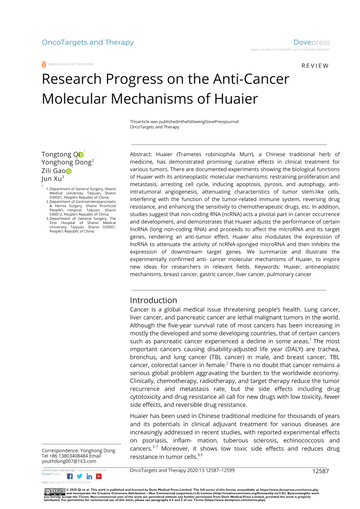 Research Progress on the Anti-Cancer Molecular Mechanisms of Huaier